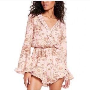 Agua Bendita pink Floral Romper – Long Sleeve Ruffle Hem Boho Resortwear medium